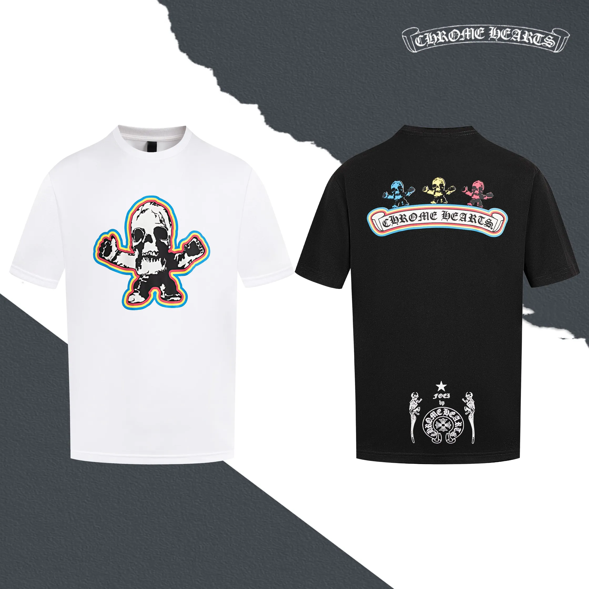 🅿️180 Style No. S027 CH Crow Heart Foti Skull Sanskrit Rainbow Foam Printed Round Neck Short Sleeves Foam Print Full Packaging Three Standards Complete Original Accessories 1:1 Main Marking Process Very High-end It Has Been Preshrunk At High Temperatures It Will Not Deform Easily After Repeated Washing Pure Cotton 280 Grams High Weight 32 Count Double Yarn No Pilling No Fading Comfortable And Breathable Matching The Same Cylinder 1x1 Thread Oversize Loose Version Can wear up to 220 pounds Color: White Black Size: XS-L